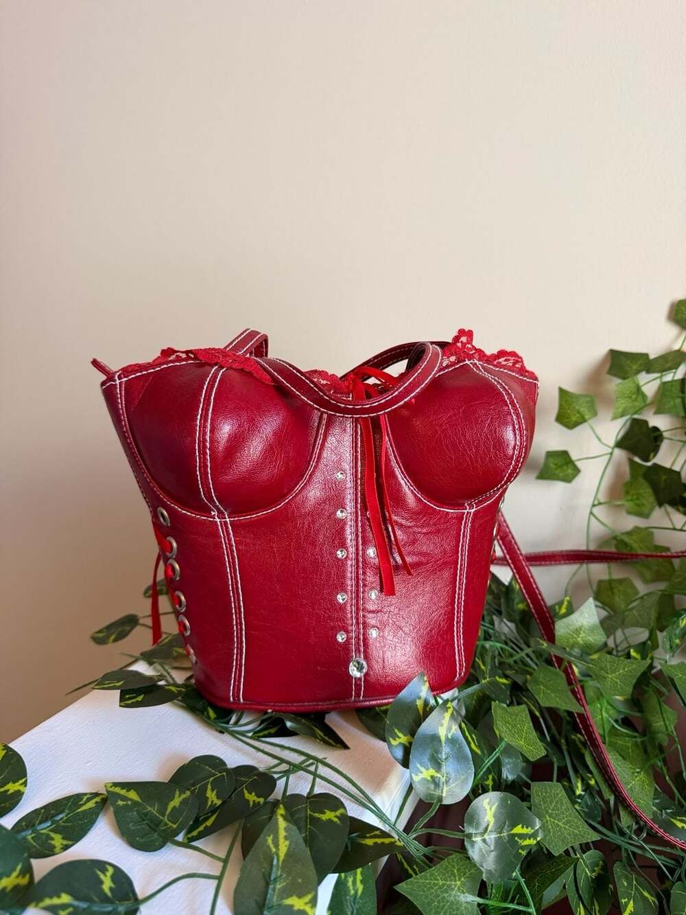 Vintage Y2K Far Nine Red Leather Corset Bag — Lace Up Novelty Purse